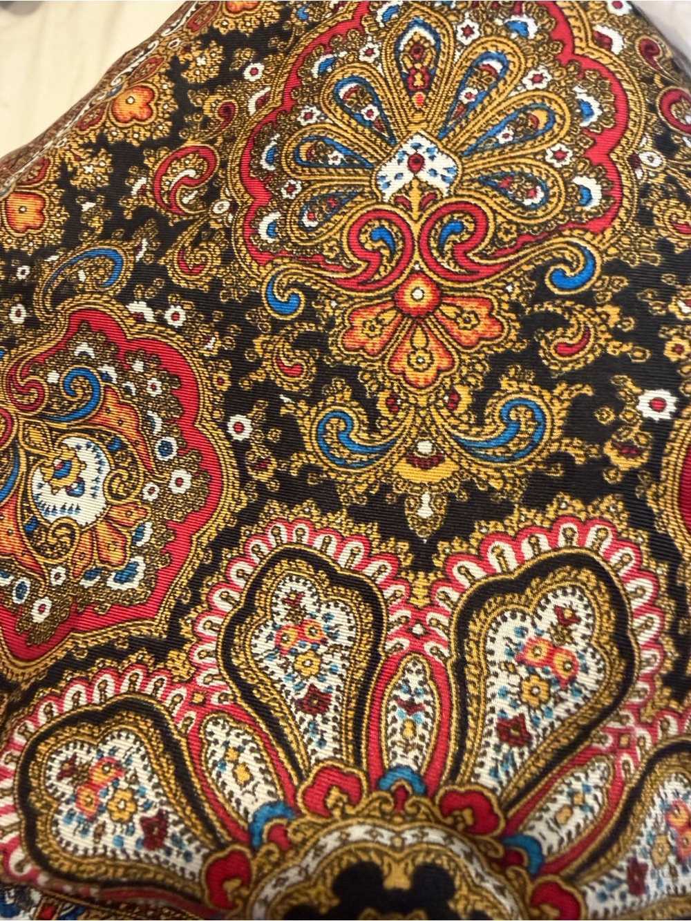 Dior Black Silk Scarf with Gold, Red & Blue Paisley Border - Picture 5 of 5